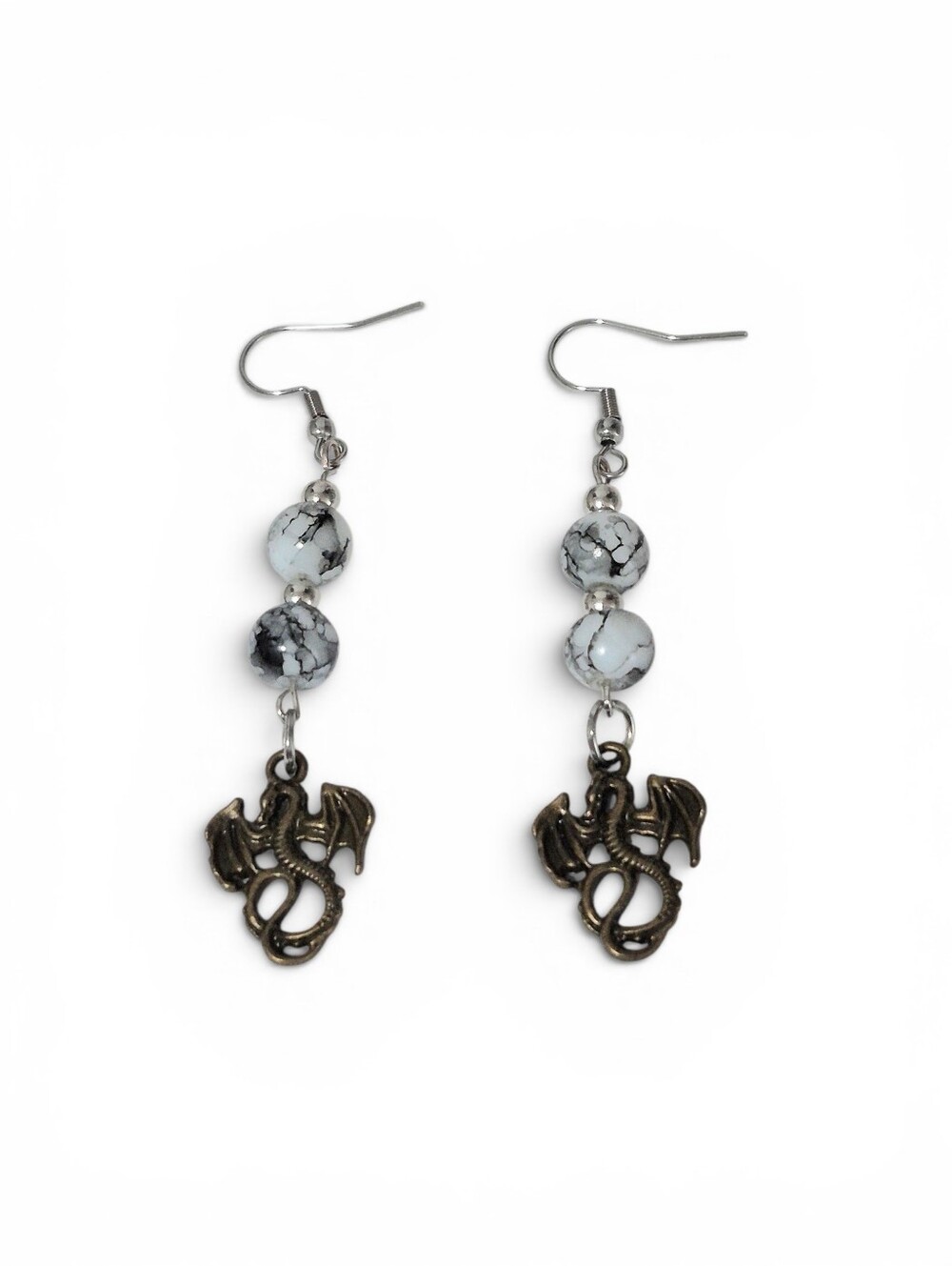 Handcrafted Bronze Dragon Dangle Earrings With Marbled Glass Beads - Picture 2 of 2